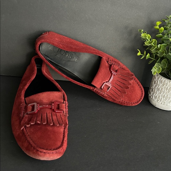 Tod’s Red Suede Loafers with Fringe Detail - Picture 10 of 15